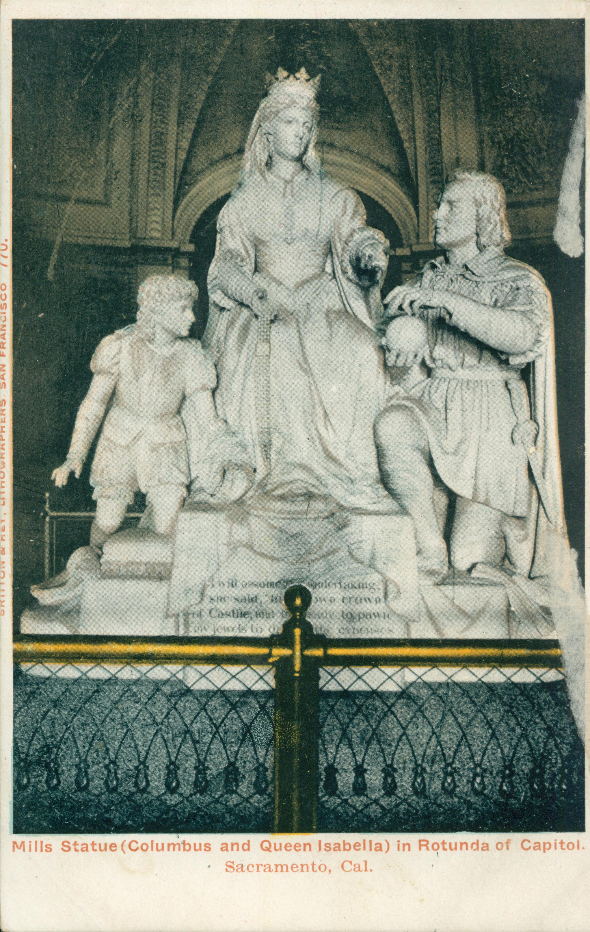 This postcard shows a statue of Columbus kneeling to receive jewels from a seated Queen Isabella.